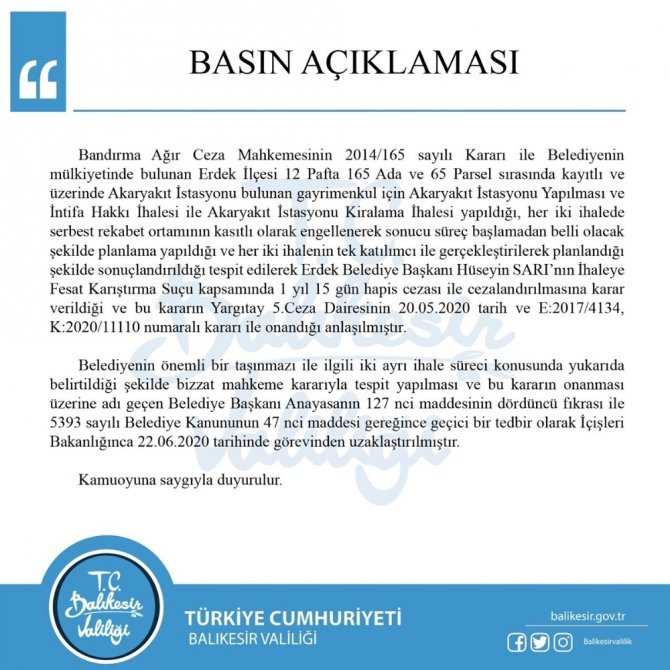 Erdek Belediye Başkanı Hüseyin Sarı görevden uzaklaştırıldı