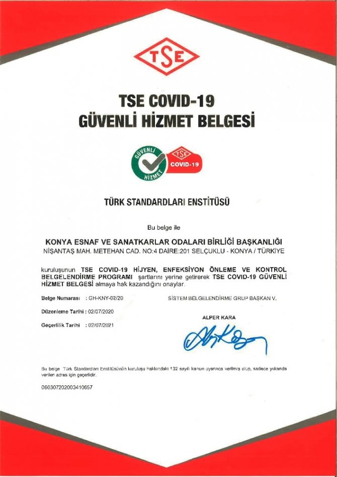 KONESOB, TSE Covid-19 güvenli hizmet belgesini aldı