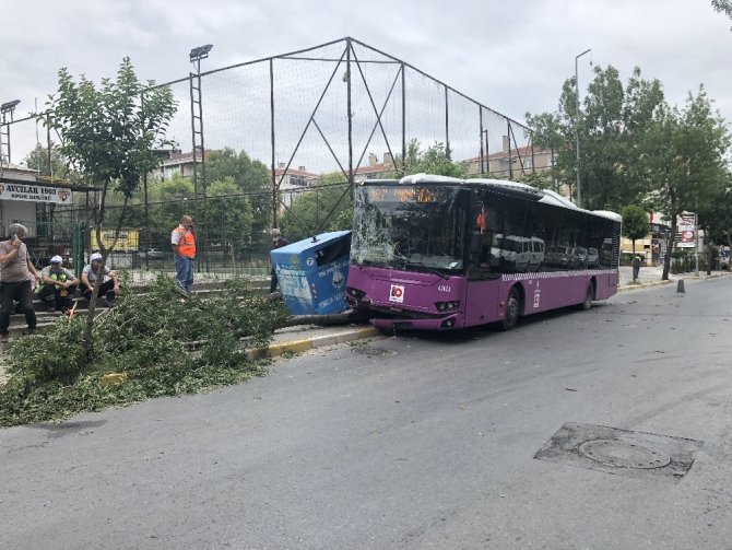 Sürücüsünün fenalaştığı yolcu otobüsü önce konteynıra ardından ağaca çarptı