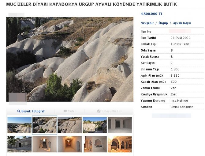 Kapadokya’da pes dedirten görüntü: Kayalar oyuldu, ‘butik otel’ olarak satışa sunuldu