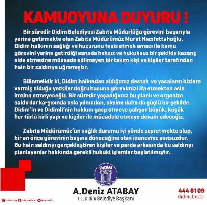 Başkan Atabay, zabıta müdürüne yapılan saldırıyı kınadı