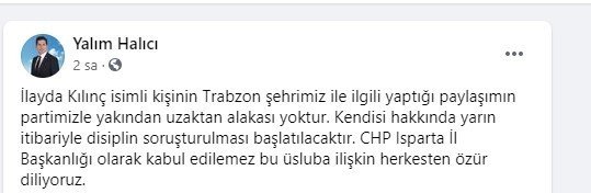 CHP Isparta İl Gençlik Kolları Başkan Yardımcısı Kılınç’tan Trabzon için skandal paylaşım