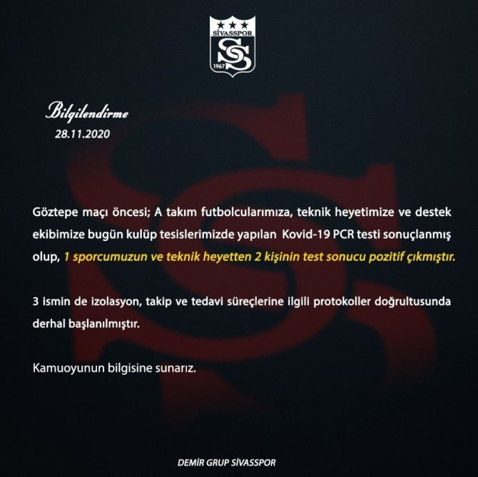 Sivasspor’da 3 kişi korona virüse yakalandı