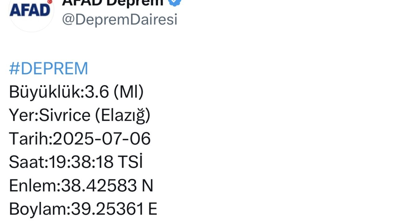Elazığ’da 3.6 büyüklüğünde deprem