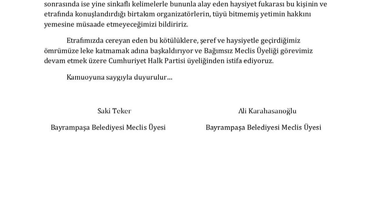Bayrampaşa Belediyesi’ndeki iki üye CHP’den istifa etti