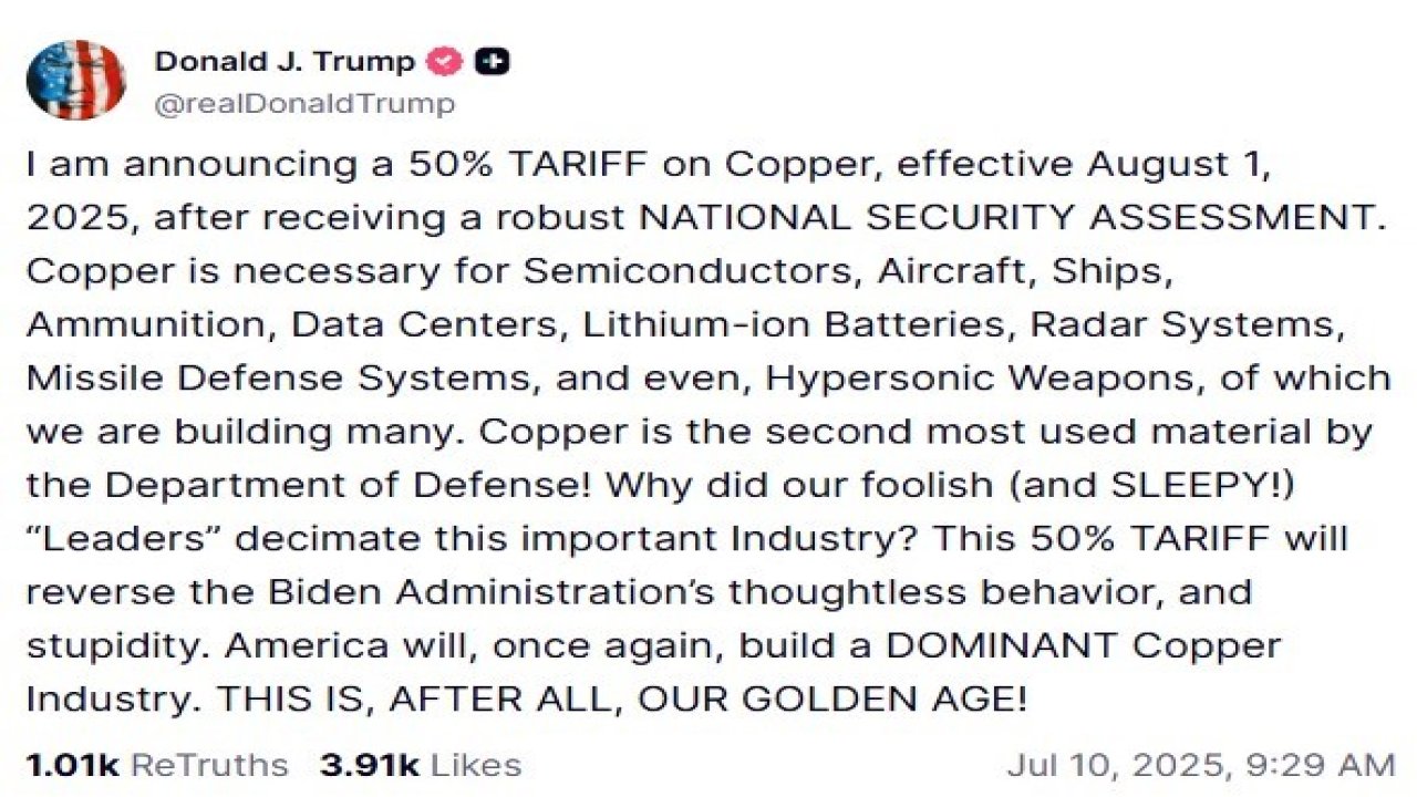 ABD Başkanı Trump’tan bakıra yüzde 50’lik gümrük vergisi açıklaması: "1 Ağustos itibarıyla yürürlüğe girecek"