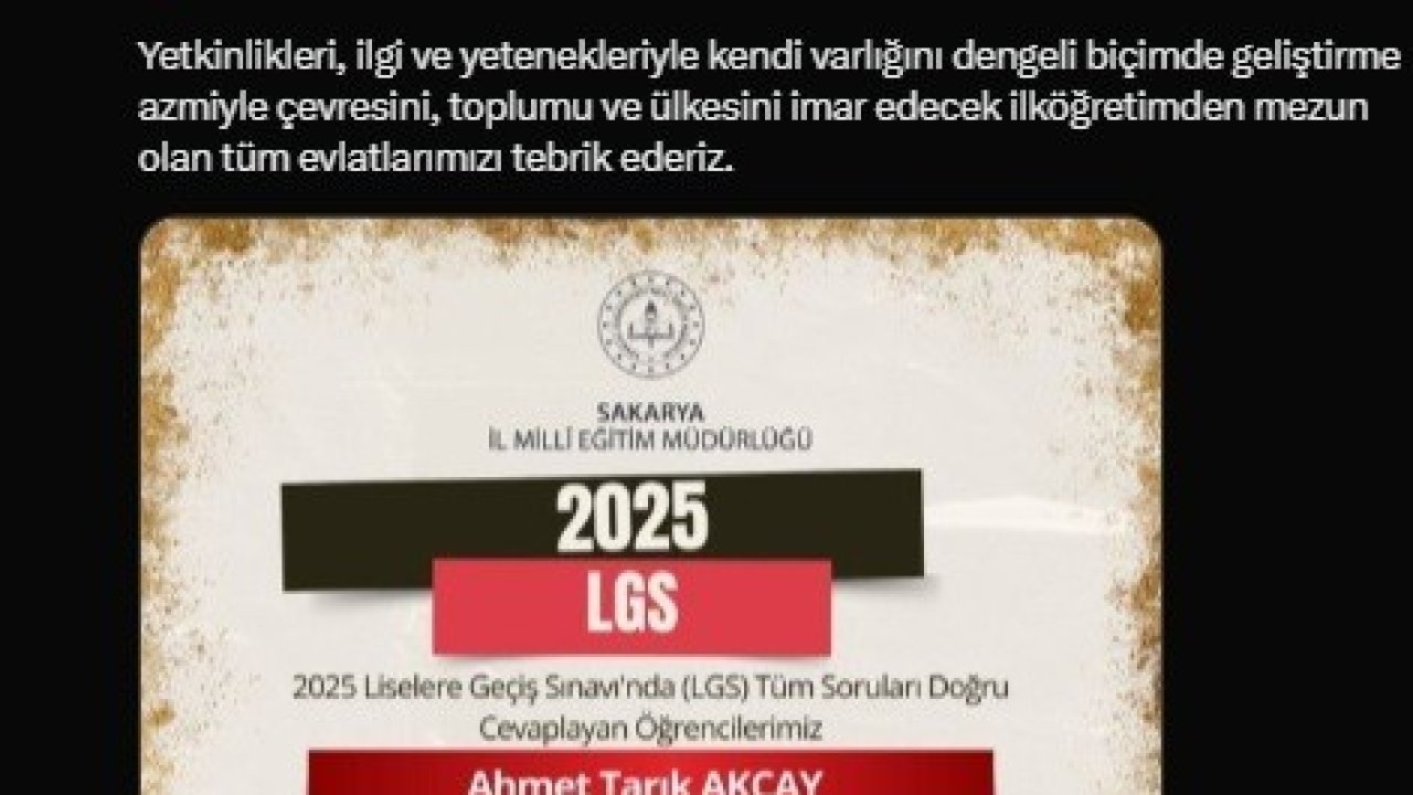 Sakarya’da 7 öğrenci 500 tam puan alarak LGS’de Türkiye birincisi oldu