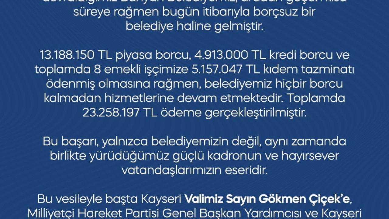 Bünyan Belediyesi borçsuz hale geldi