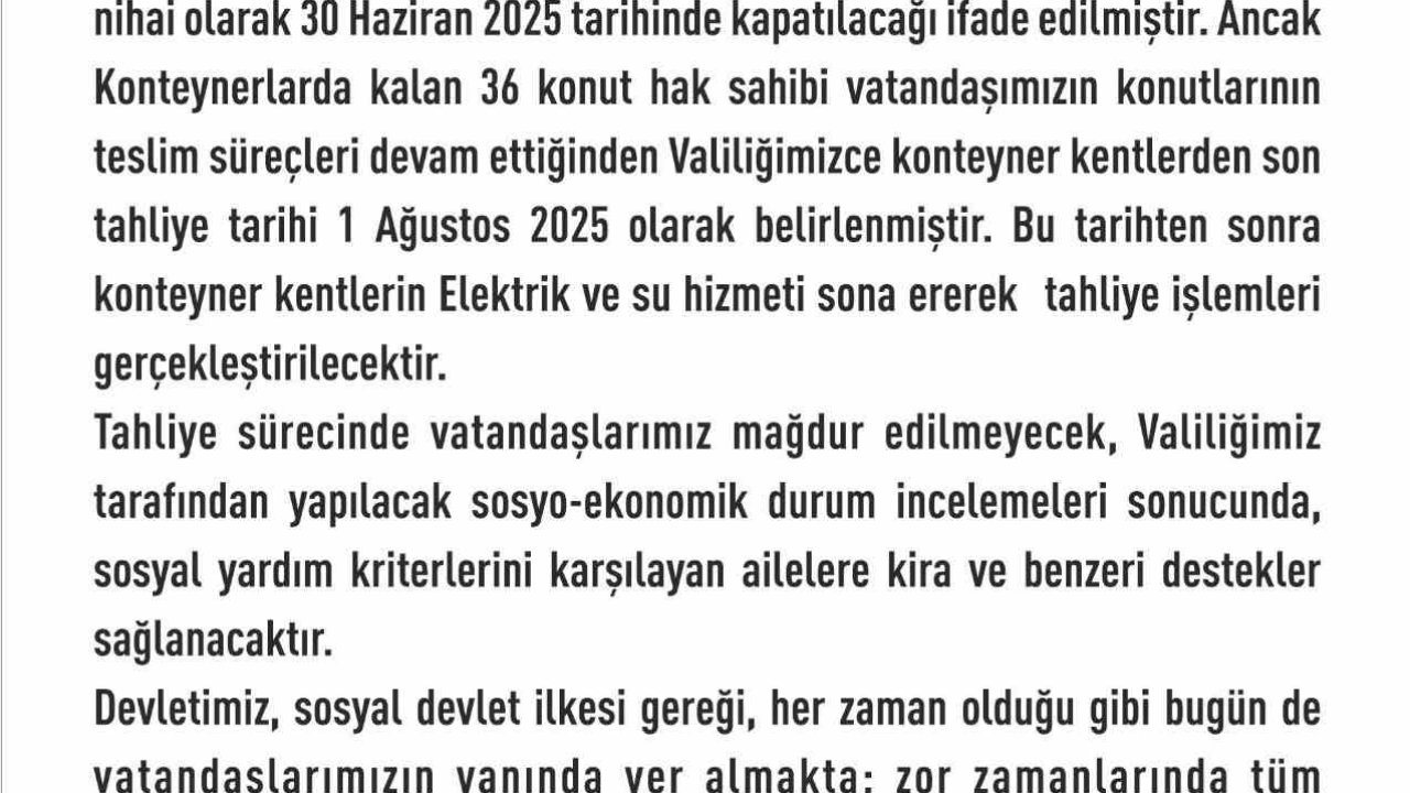 Elazığ’da konteyner kentlerde son tahliye tarihi 1 Ağustos