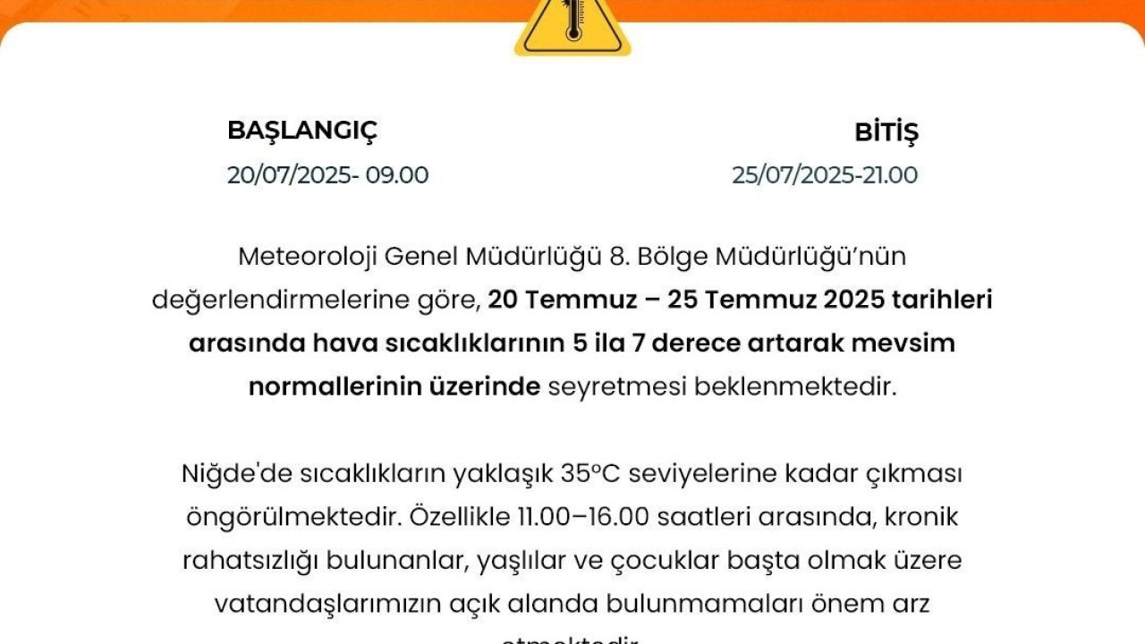 Niğde’de hava sıcaklıkları mevsim normallerinin üzerine çıkacak
