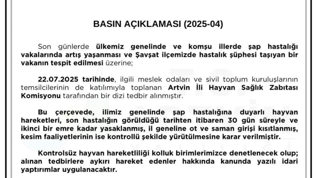 Artvin’de şap hastalığına karşı hayvan hareketleri 30 gün yasaklandı