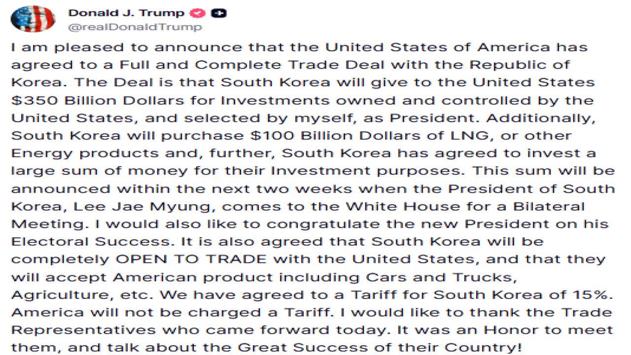 ABD Başkanı Donald Trump, Güney Kore ile ticaret anlaşmasına varıldığını duyurdu