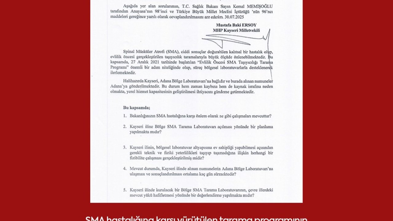 Baki Ersoy’dan Kayseri’ye Bölge SMA Laboratuvarı talebi