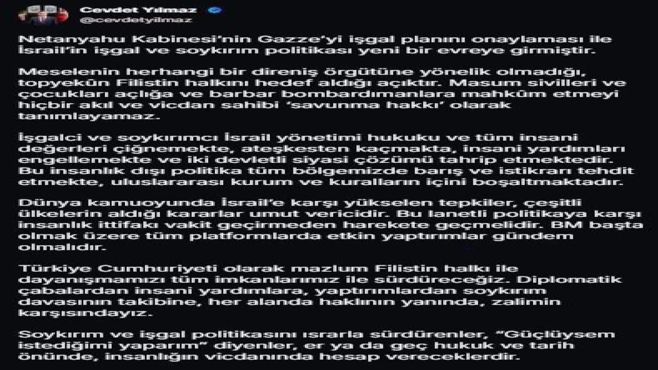 Cumhurbaşkanı Yardımcısı Yılmaz: "Mazlum Filistin halkı ile dayanışmamızı tüm imkanlarımız ile sürdüreceğiz"