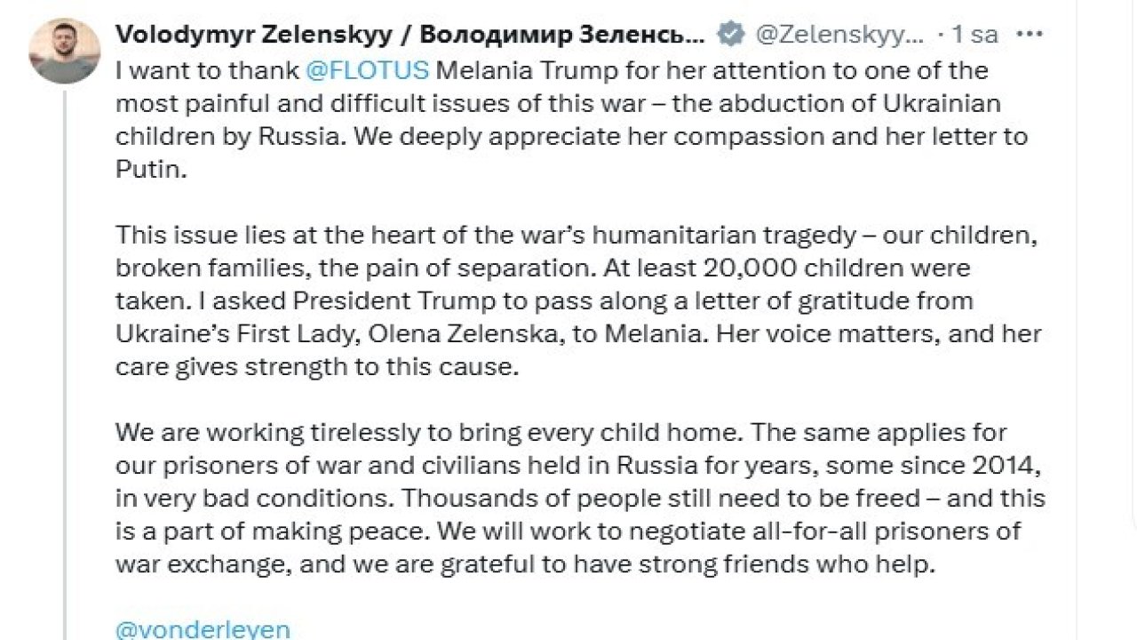 Ukrayna Devlet Başkanı Zelenskiy’den ABD First Lady’si Melania Trump’a teşekkür