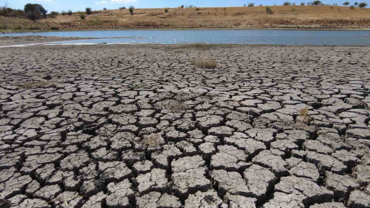 Kuruyan gölette derin çatlaklar oluştu