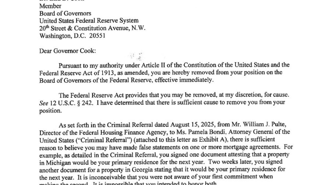 Trump, Fed Yönetim Kurulu Üyesi Lisa Cook’u görevden aldığını duyurdu: Fed’in 111 yıllık tarihinde ilk