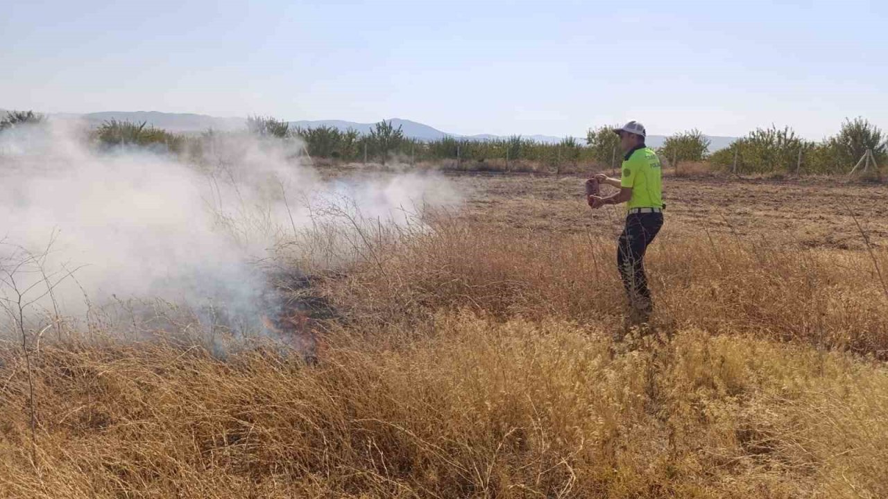 Tarlada çıkan yangını polisler söndürdü