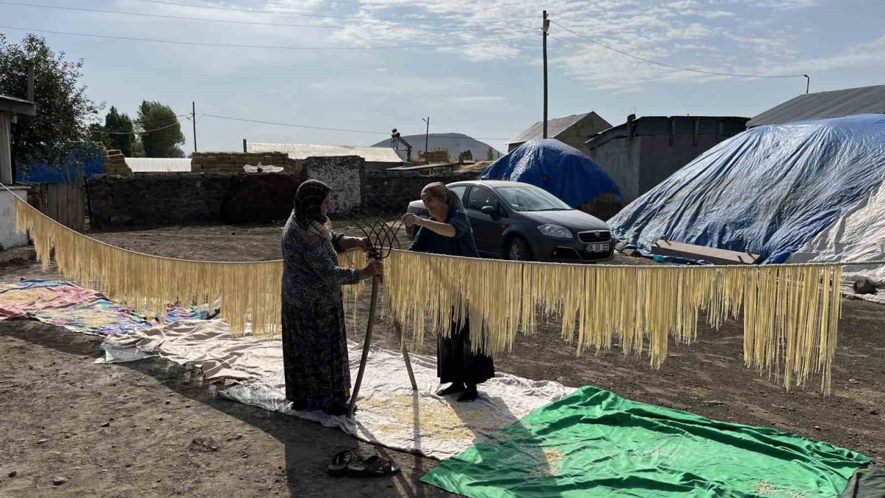 Kars’ta köylü kadınlar imece usulü erişte kesiyor