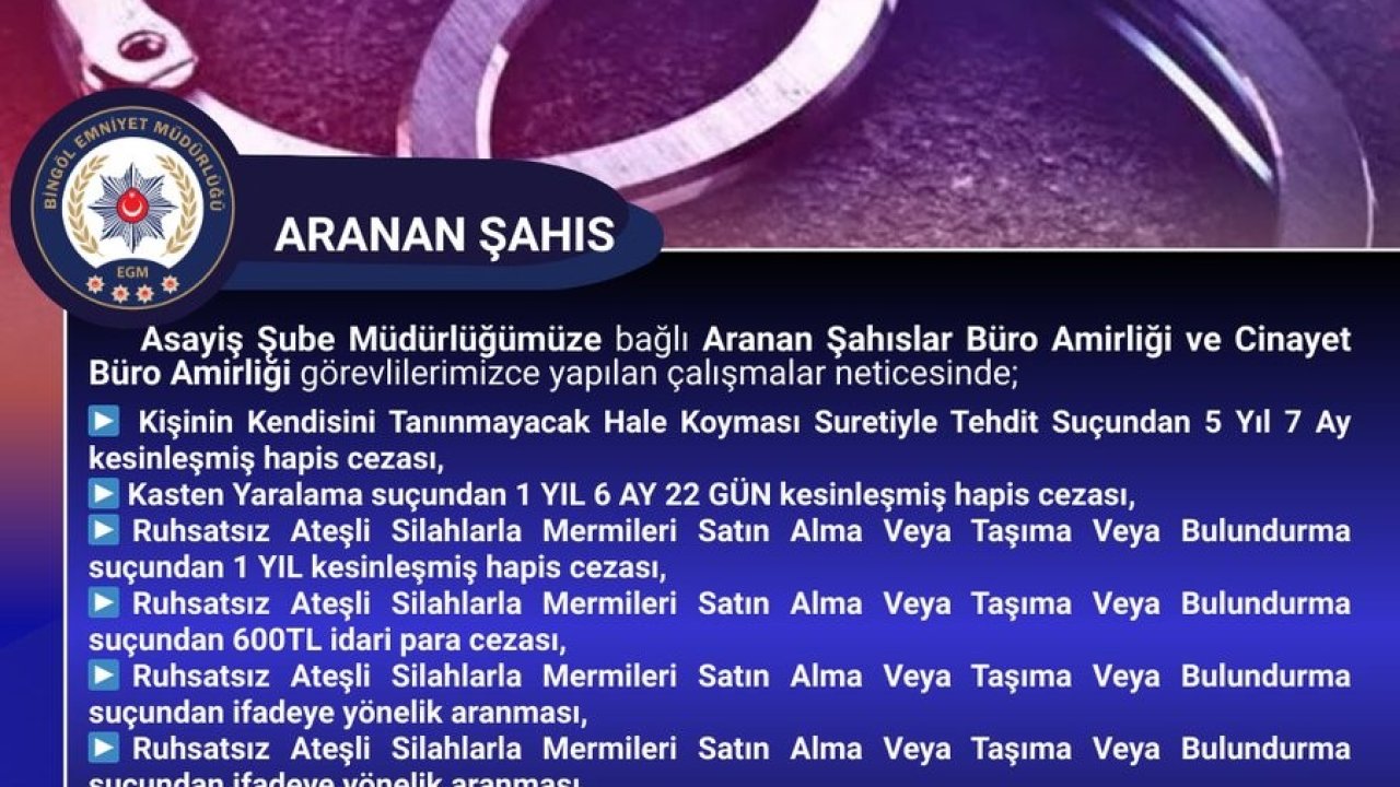Bingöl’de kesinleşmiş hapis cezası bulunan şüpheli yakalandı