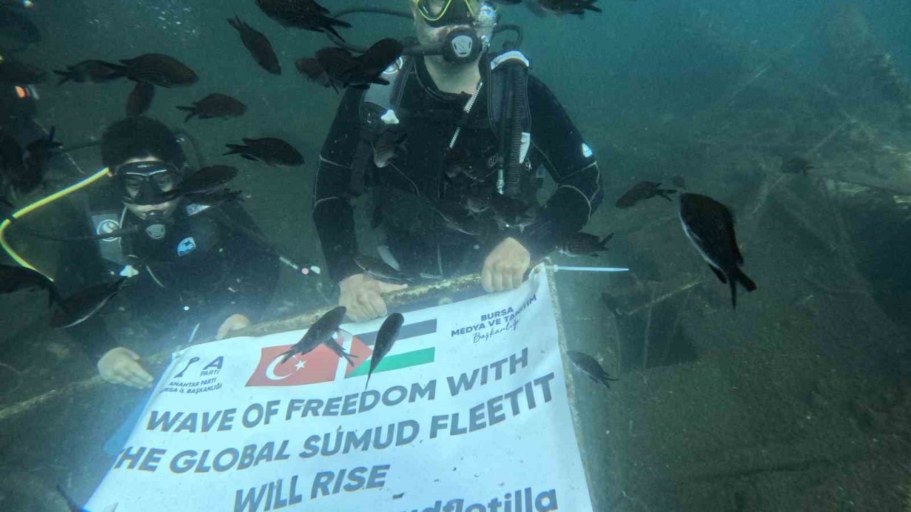 Denizin dibinde Filistin bayrağı açtılar