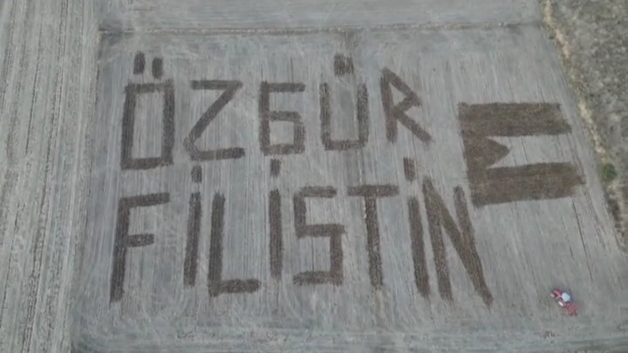 Çanakkaleli çiftçi Filistin’e destek için tarlasına ’Özgür Filistin’ yazdı