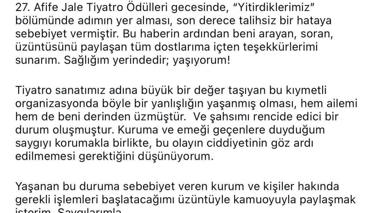 Afife Jale Tiyatro Ödülleri’nde akılalmaz hata: Oyuncu Alper Atak hayatını kaybedenler arasında anıldı
