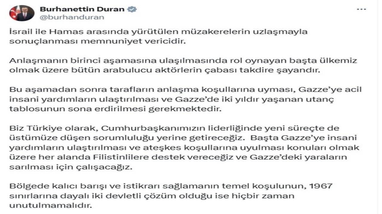 İletişim Başkanı Duran: "İsrail ile Hamas arasındaki uzlaşma memnuniyet verici"