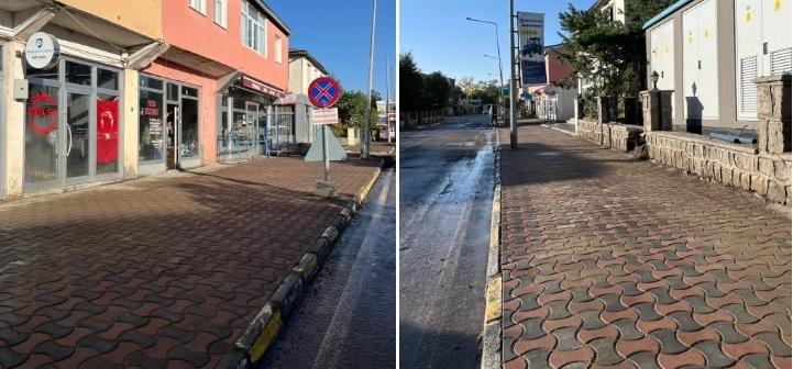 Arpaçay Belediyesi her gün kaldırımları ve sokakları yıkıyor