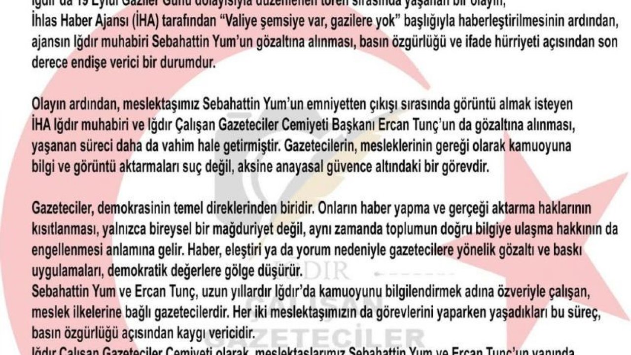 Iğdır Çalışan Gazeteciler Cemiyeti’nden iki gazetecinin gözaltına alınmasına tepki