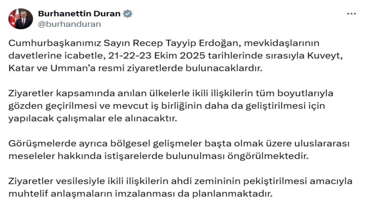 Cumhurbaşkanı Erdoğan, Kuveyt, Katar ve Umman’ı ziyaret edecek