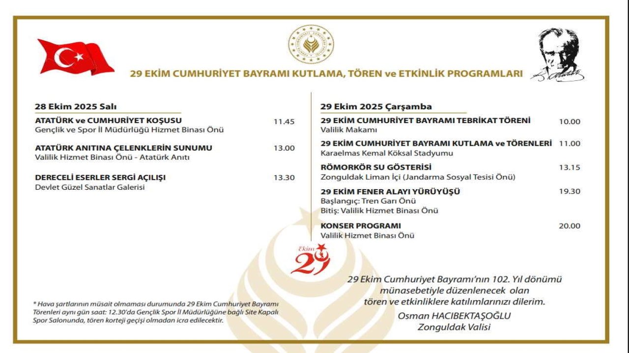 Zonguldak’ta 29 Ekim programı belli oldu