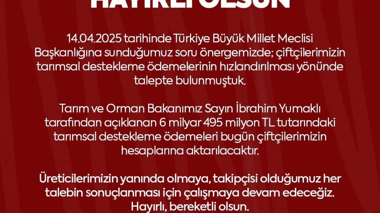 MHP’li Ersoy’dan çiftçilere ’tarımsal destekleme ödemesi’ müjdesi
