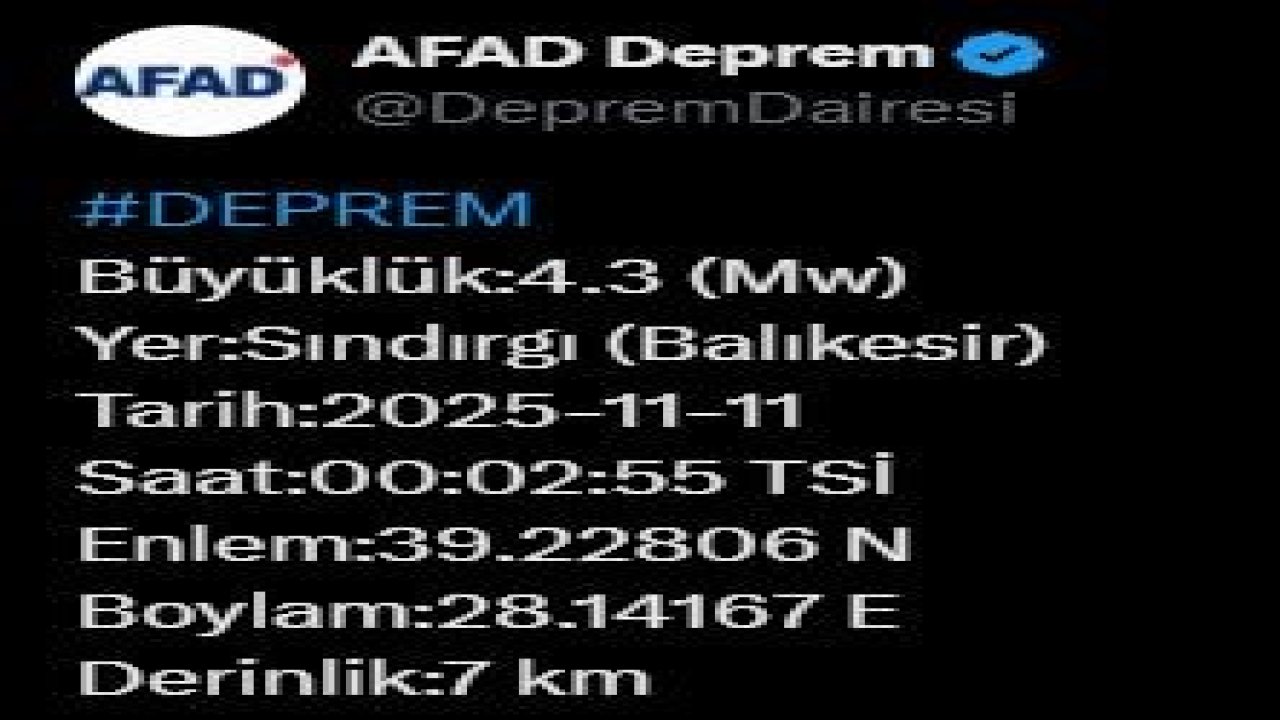 Balıkesir’de 4.3 büyüklüğünde deprem