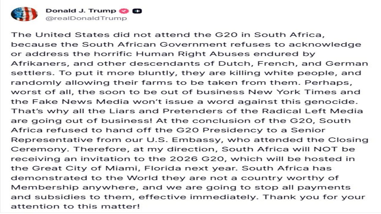 ABD Başkanı Donald Trump: "Güney Afrika Miami’de yapılacak 2026 G20 Zirvesi’ne davet edilmeyecek"