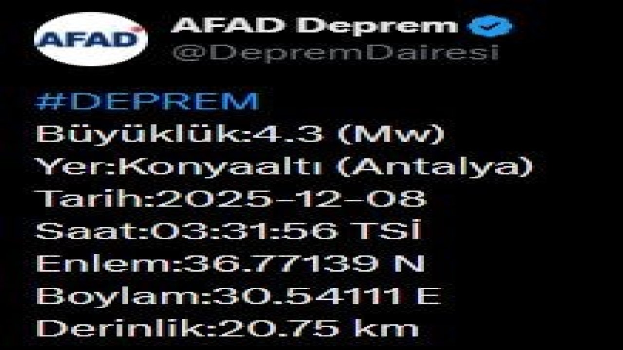 Antalya’da 4.3 büyüklüğünde deprem