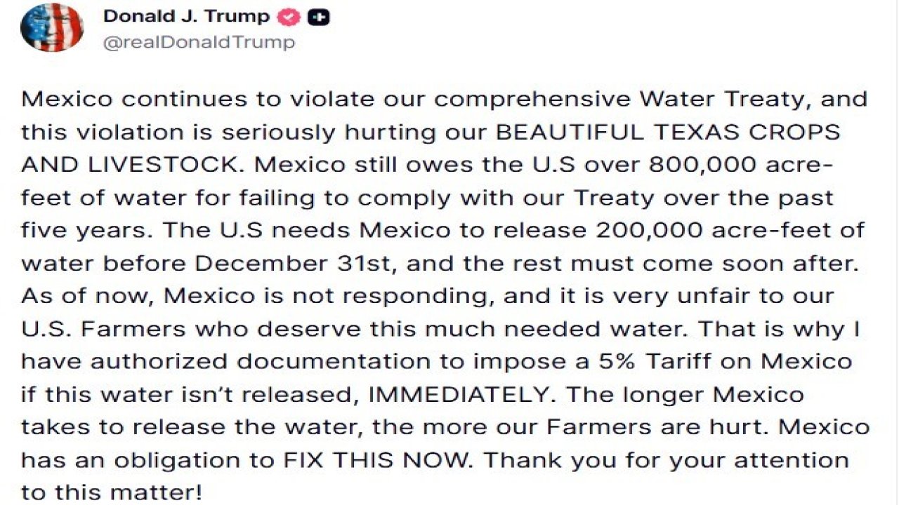 ABD Başkanı Trump’tan Meksika’ya su anlaşması uyarısı: "Yeterli su serbest bırakılmazsa, yüzde 5 gümrük vergisi uygulanacak"