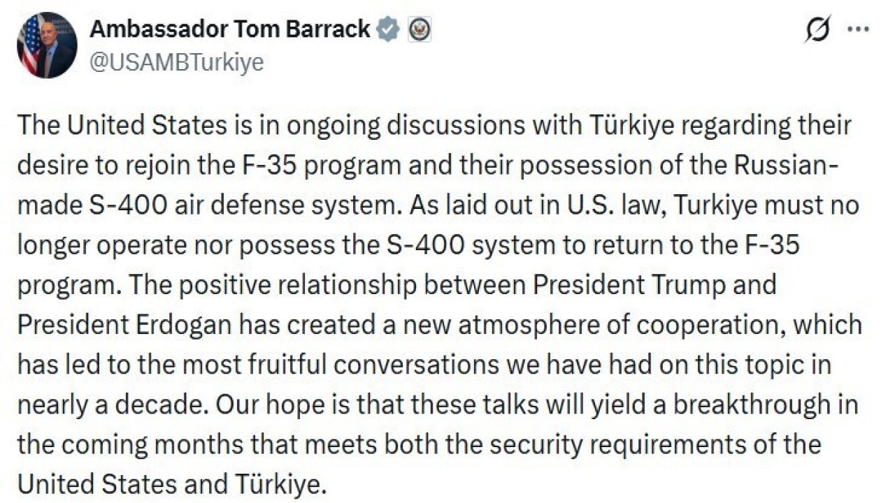 ABD’nin Ankara Büyükelçisi Barrack’tan ’F-35’ yorumu
