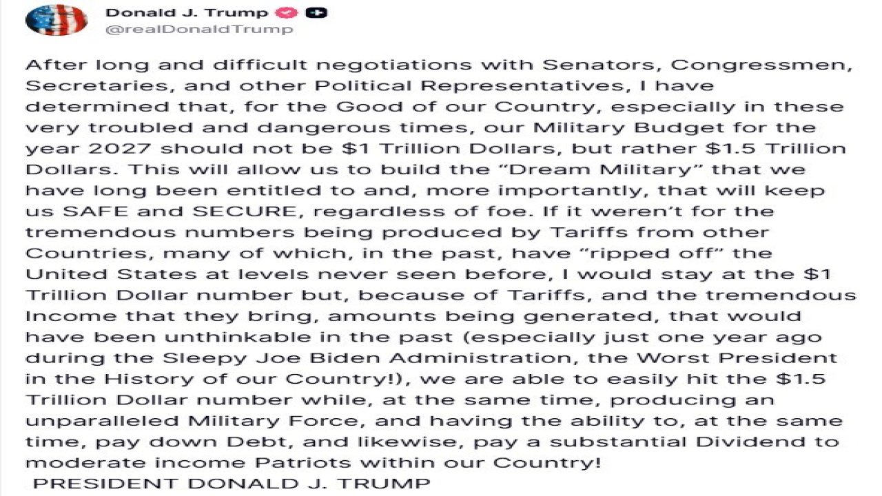 ABD Başkanı Trump: "2027 savunma bütçemizin 1 buçuk trilyon dolar olması gerektiğine karar verdim"