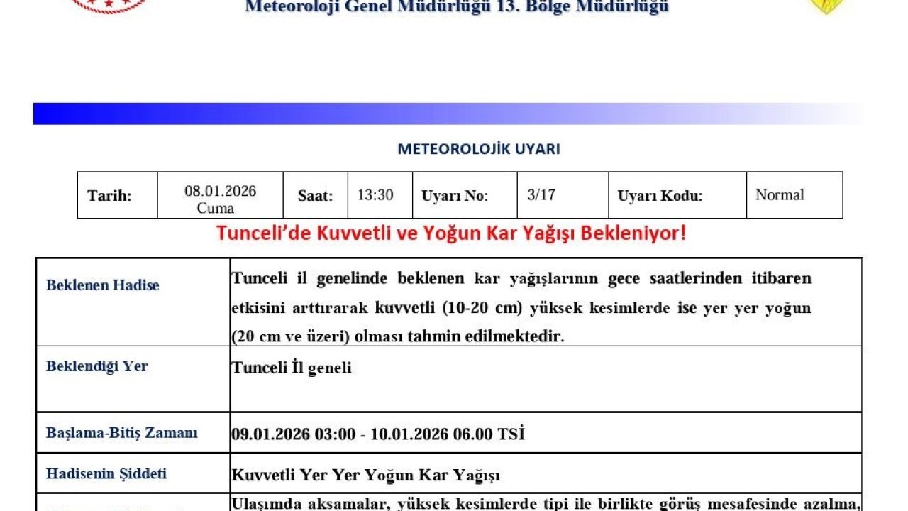 Tunceli için kuvvetli ve yoğun kar uyarısı