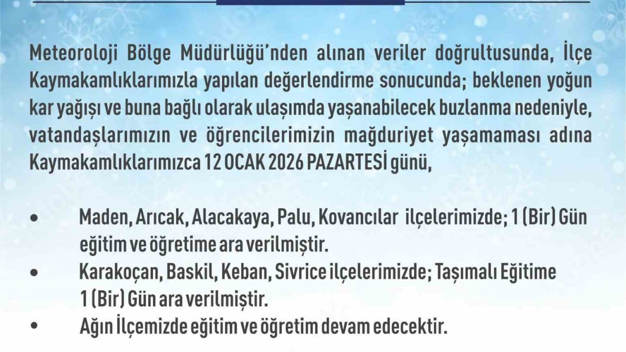 Elazığ’da 5 ilçede eğitim-öğretime ara verildi