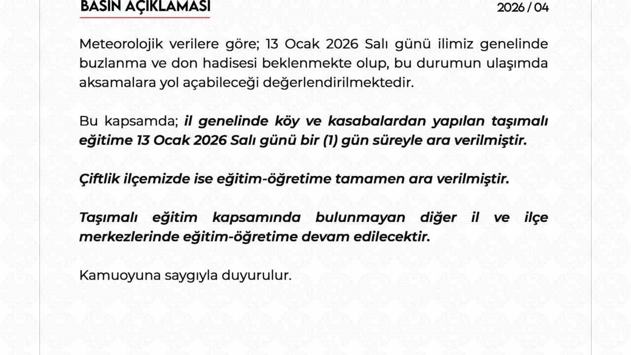 Niğde’de buzlanma nedeniyle taşımalı eğitime 1 gün ara verildi