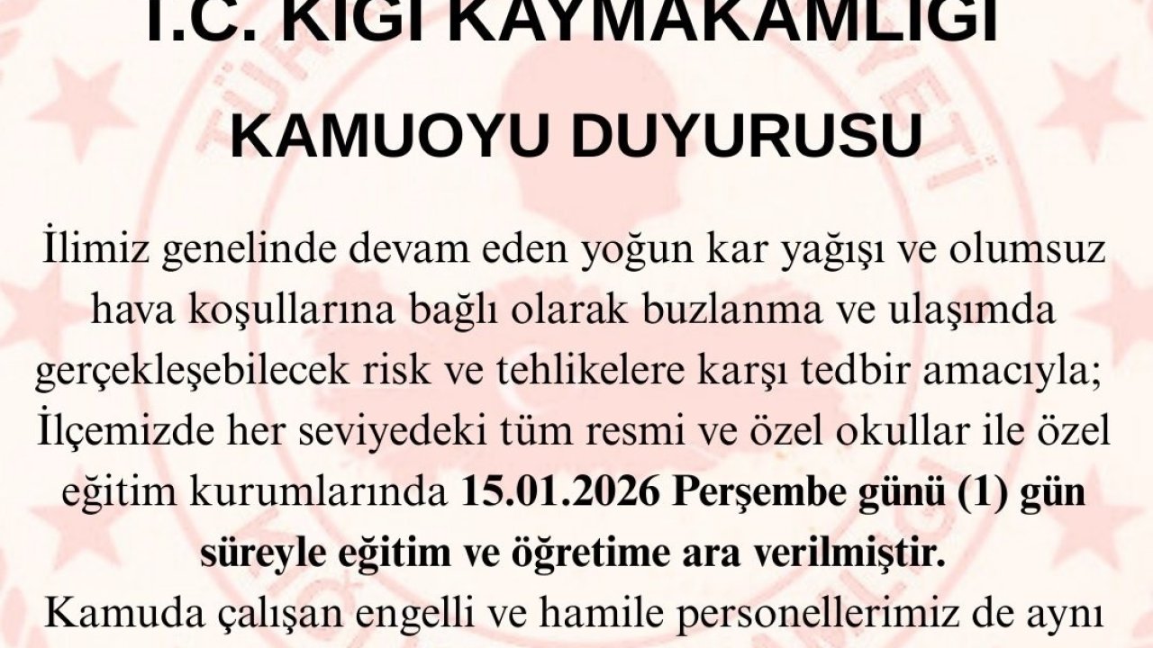 Kiğı ilçesinde eğitime 1 gün ara verildi
