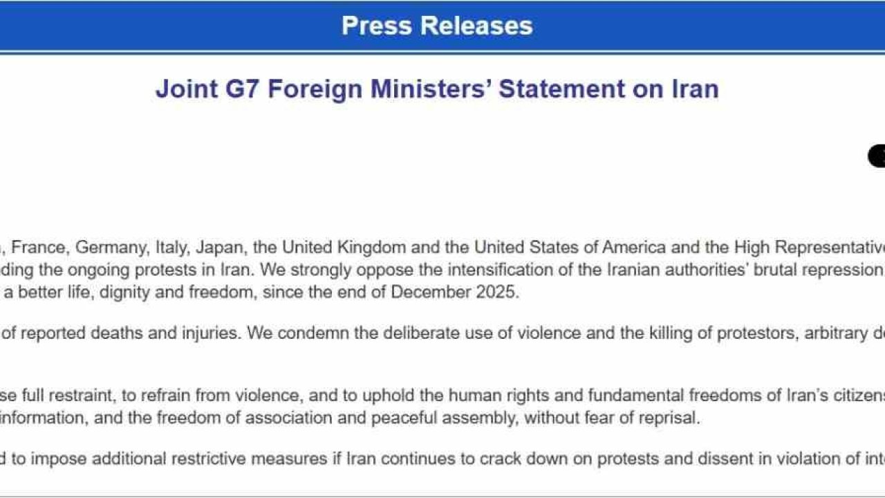 G7 ülkelerinden İran’a kınama: "Muhalefete yönelik baskının sürmesi halinde ek kısıtlayıcı tedbirler uygulamaya hazırız"