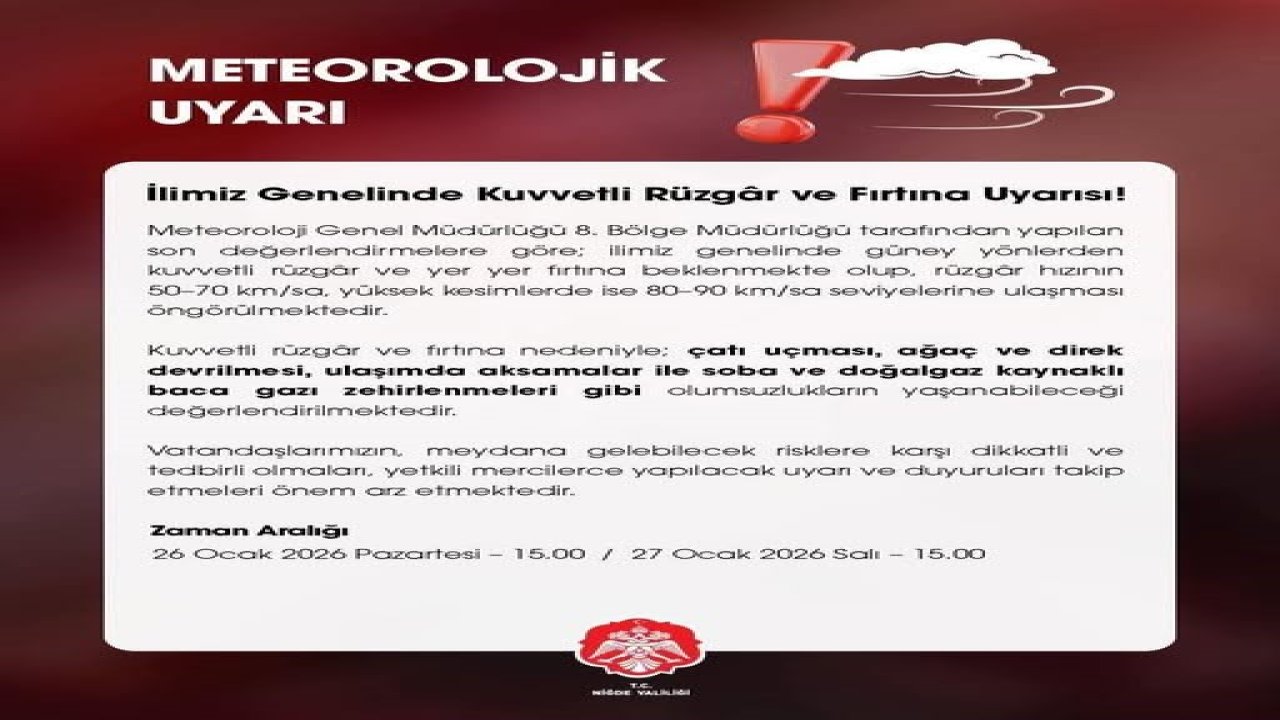 Niğde Valiliği uyardı: Kuvvetli rüzgar ve fırtına bekleniyor
