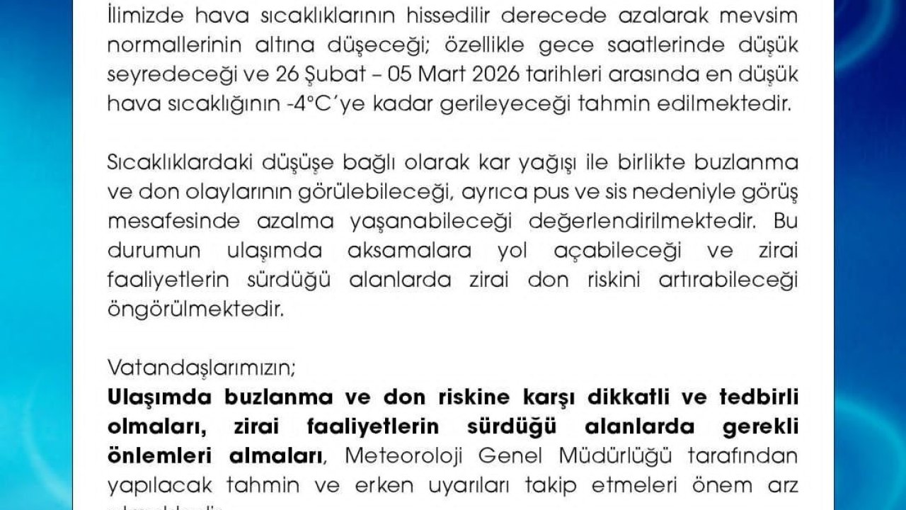 Niğde’de meteorolojik uyarı: Don ve buzlanmaya dikkat