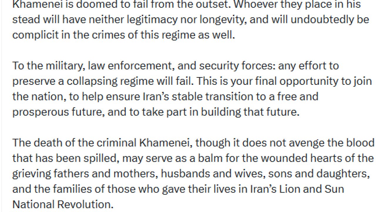 Sürgündeki Rıza Pehlevi: "Hamaney’in ölümüyle, İran rejimi fiilen sona erdi"