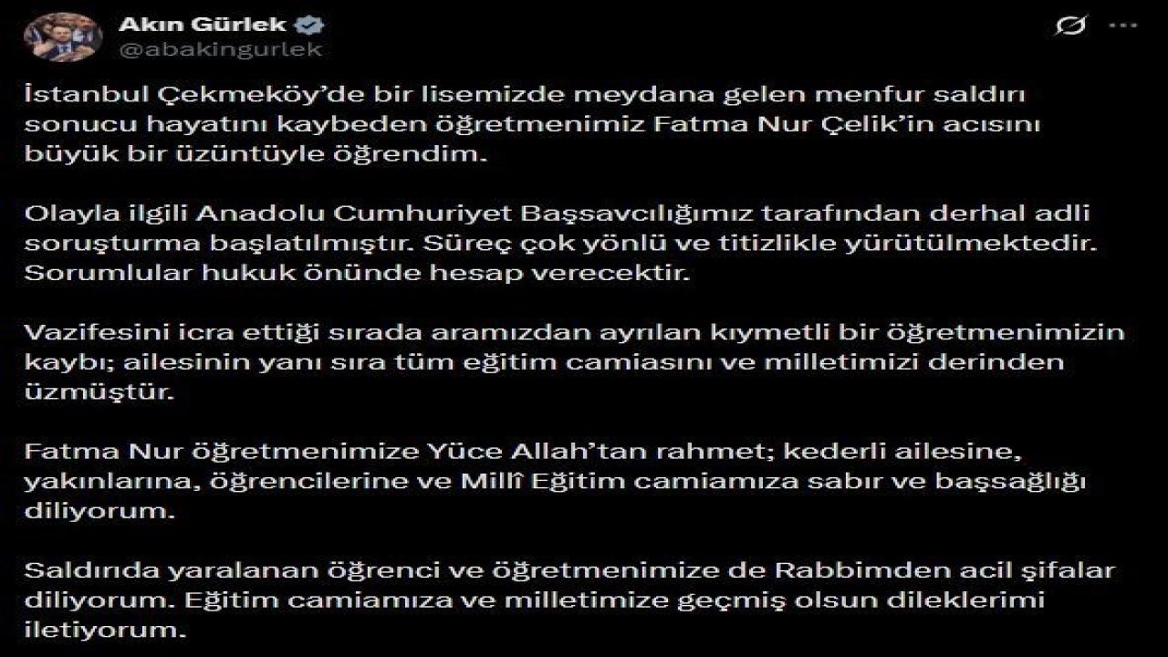 Bakan Gürlek: "(Öğretmen Fatma Nur Çelik) Olayla ilgili derhal adli soruşturma başlatılmıştır"