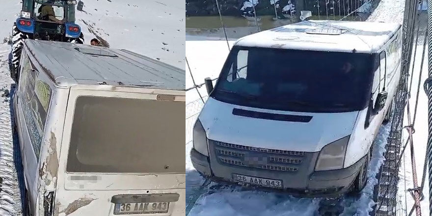Kars'ta asma köprüde minibüs mahsur kaldı