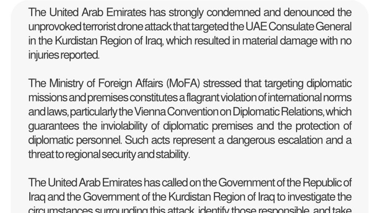 BAE, Irak Kürt Bölgesel Yönetimi’ndeki başkonsolosluğuna İHA saldırısı yapıldığını açıkladı: "Kınıyoruz"